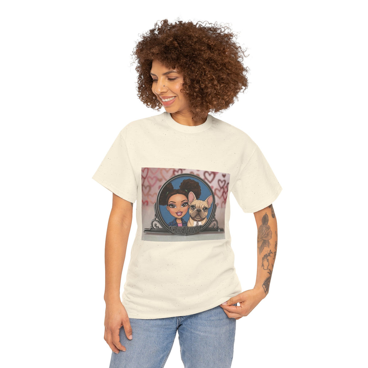 Cute Claire & French Bulldog Portrait T-Shirt — Heart Background Pet Lover Tee