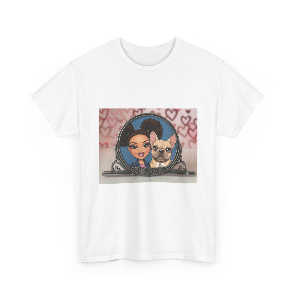 Cute Claire & French Bulldog Portrait T-Shirt — Heart Background Pet Lover Tee