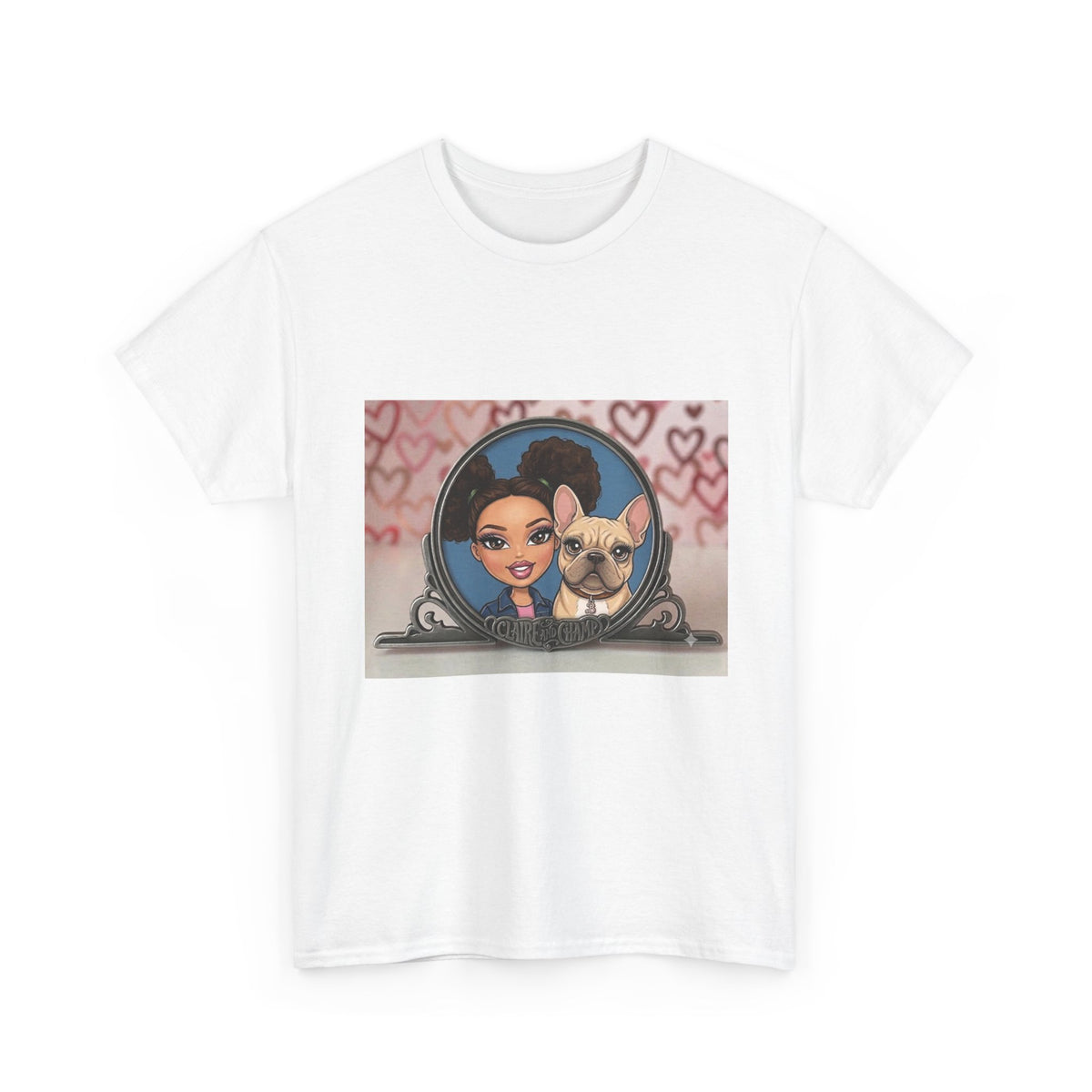 Cute Claire & French Bulldog Portrait T-Shirt — Heart Background Pet Lover Tee