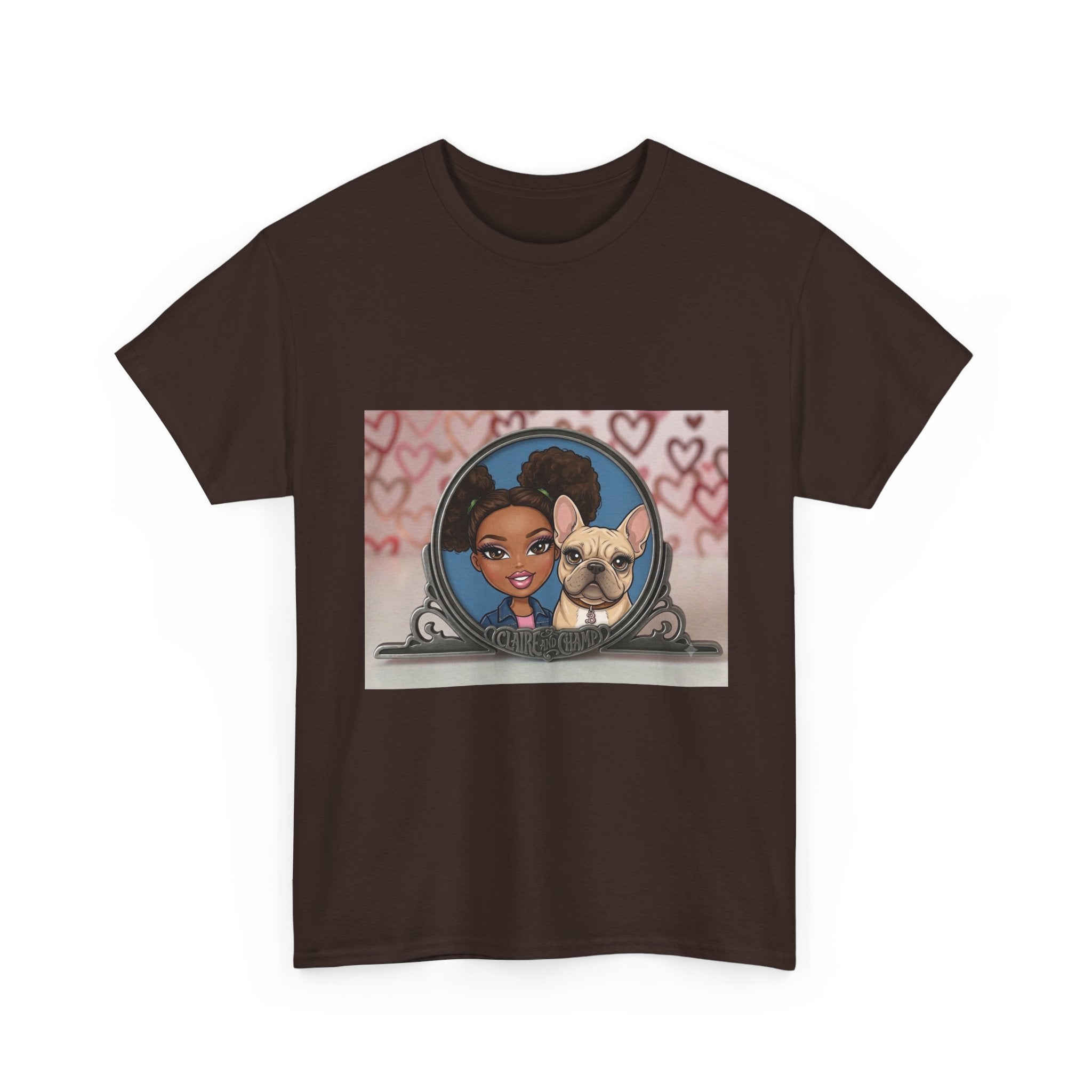 Cute Claire & French Bulldog Portrait T-Shirt — Heart Background Pet Lover Tee