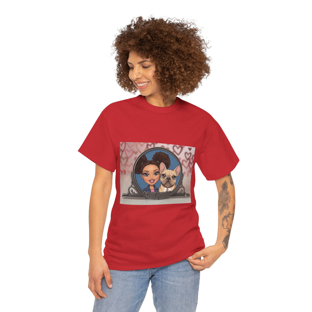 Cute Claire & French Bulldog Portrait T-Shirt — Heart Background Pet Lover Tee