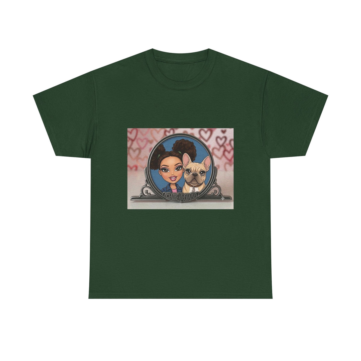 Cute Claire & French Bulldog Portrait T-Shirt — Heart Background Pet Lover Tee