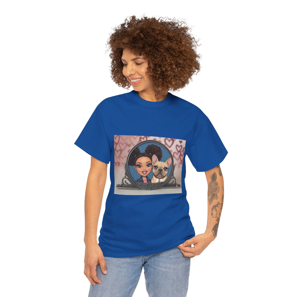 Cute Claire & French Bulldog Portrait T-Shirt — Heart Background Pet Lover Tee