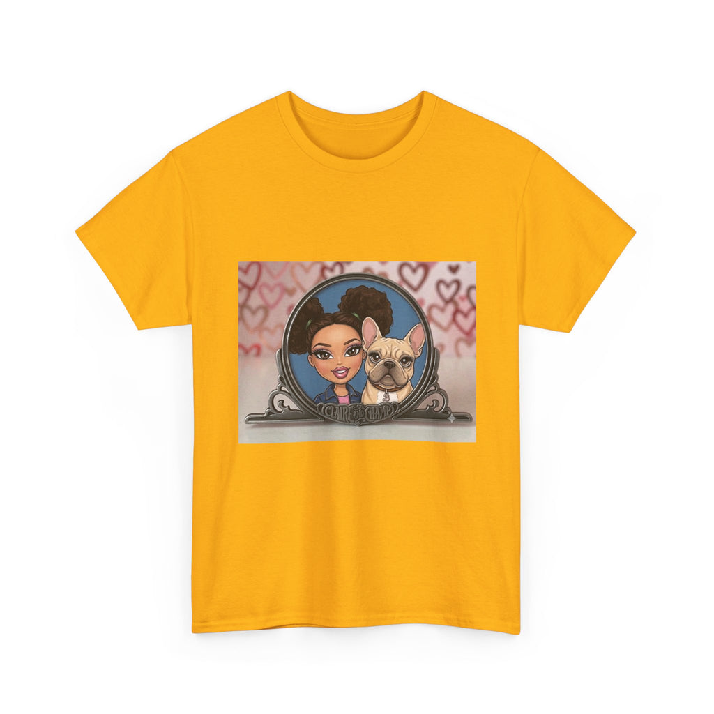 Cute Claire & French Bulldog Portrait T-Shirt — Heart Background Pet Lover Tee