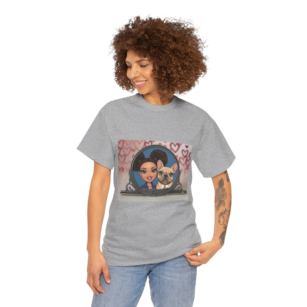 Cute Claire & French Bulldog Portrait T-Shirt — Heart Background Pet Lover Tee