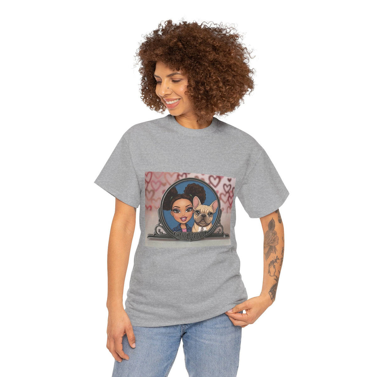 Cute Claire & French Bulldog Portrait T-Shirt — Heart Background Pet Lover Tee
