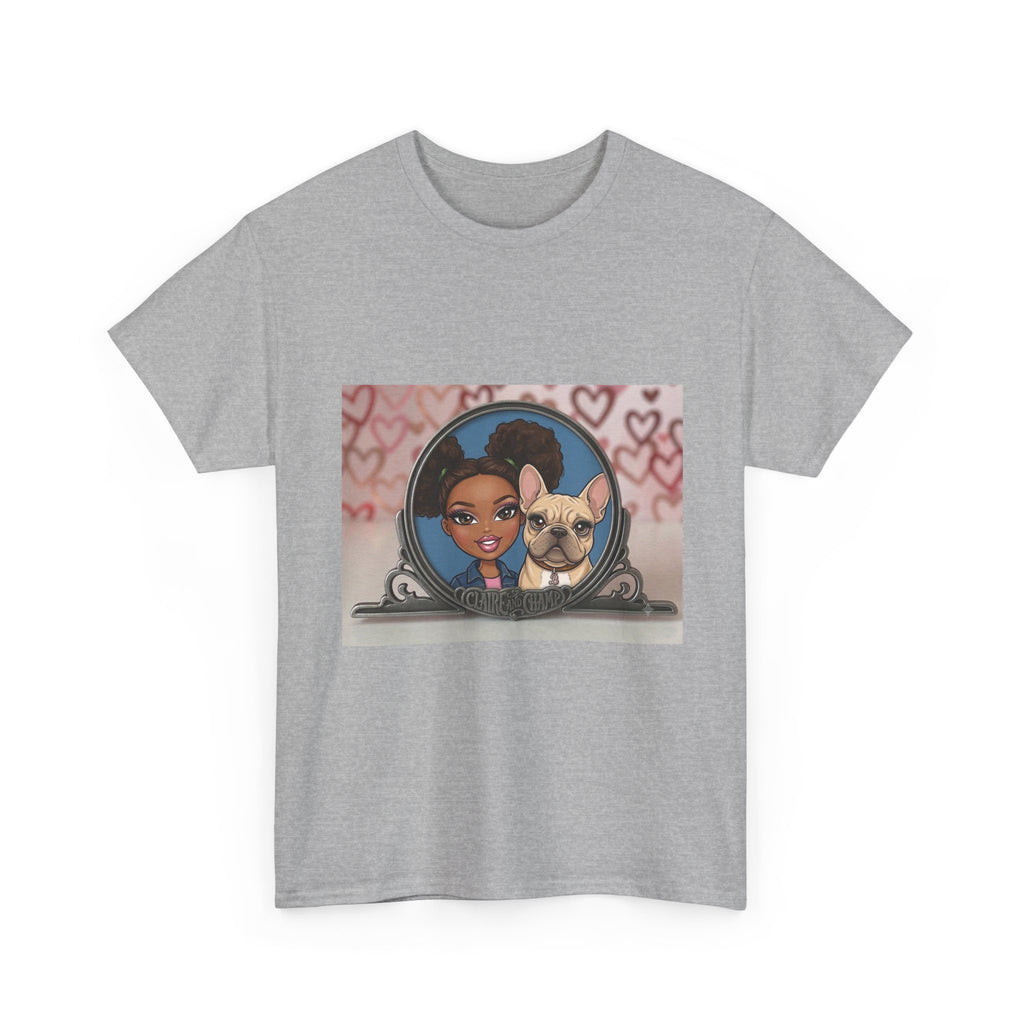 Cute Claire & French Bulldog Portrait T-Shirt — Heart Background Pet Lover Tee