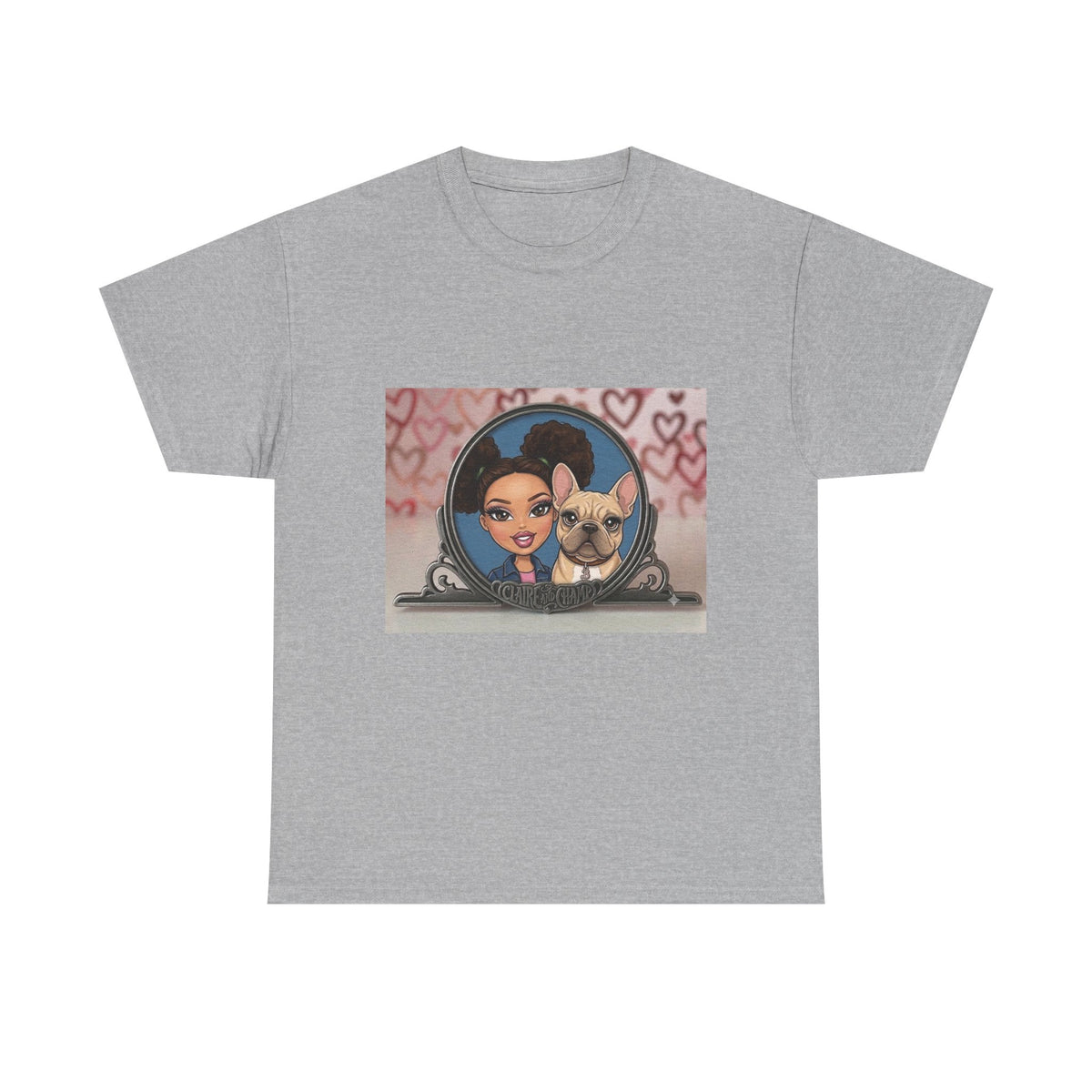 Cute Claire & French Bulldog Portrait T-Shirt — Heart Background Pet Lover Tee