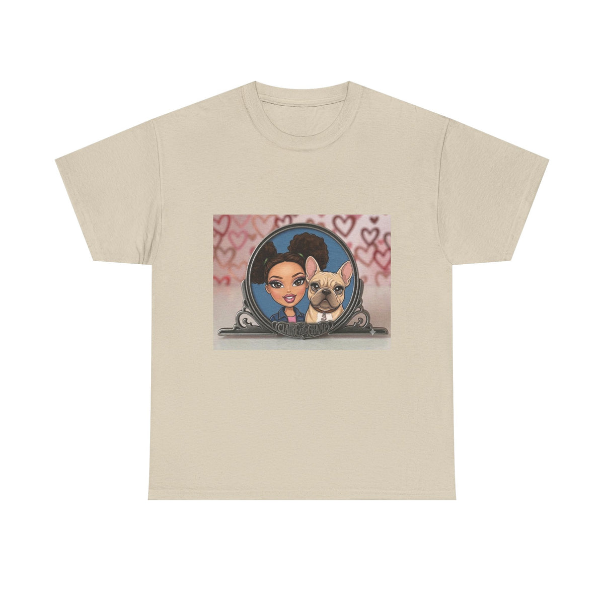 Cute Claire & French Bulldog Portrait T-Shirt — Heart Background Pet Lover Tee