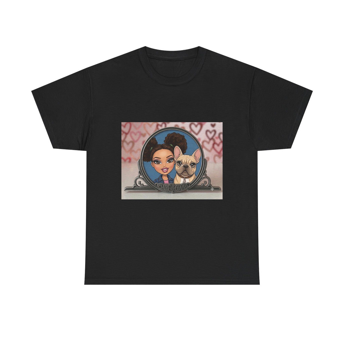 Cute Claire & French Bulldog Portrait T-Shirt — Heart Background Pet Lover Tee