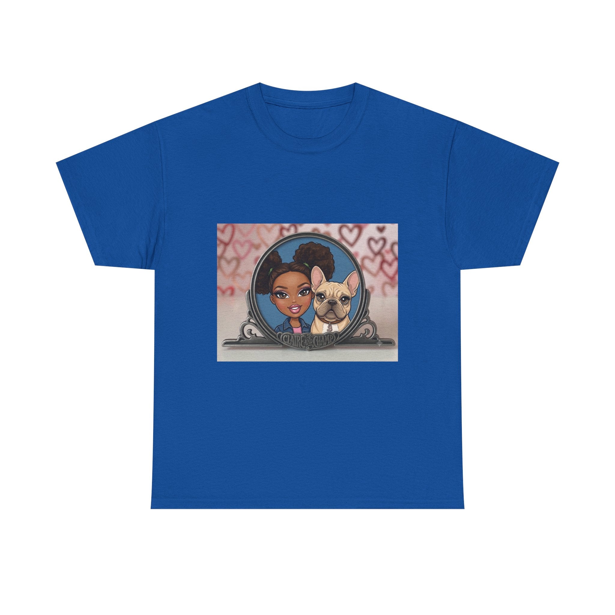 Cute Claire & French Bulldog Portrait T-Shirt — Heart Background Pet Lover Tee