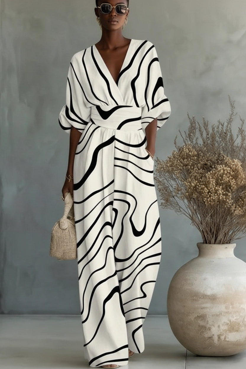 Women's Waist-Cinched V-Neck Printed Wide-Leg Jumpsuit