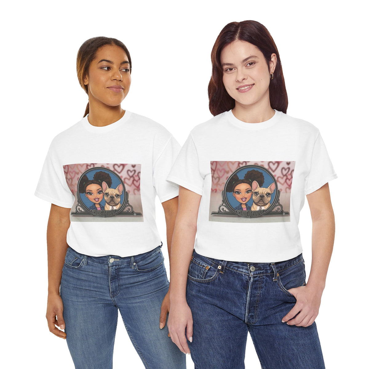 Cute Claire & French Bulldog Portrait T-Shirt — Heart Background Pet Lover Tee