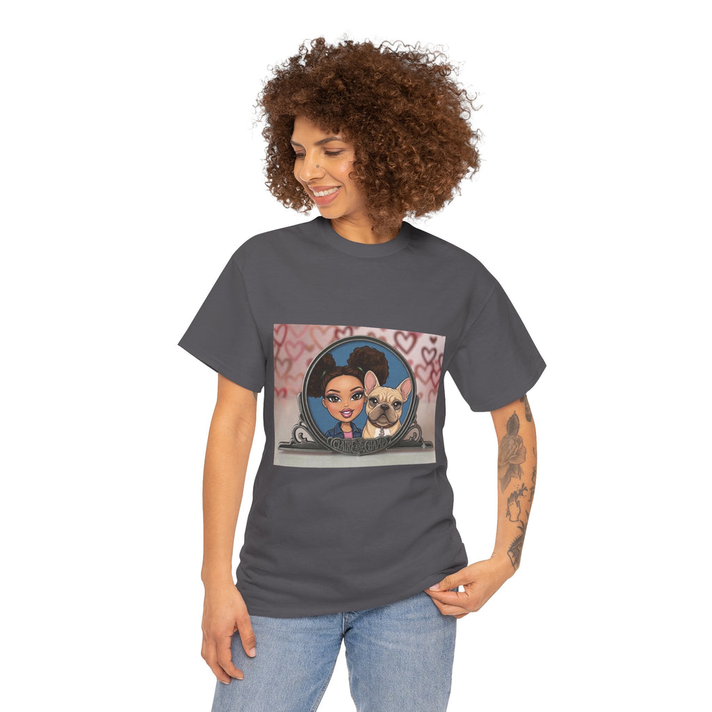 Cute Claire & French Bulldog Portrait T-Shirt — Heart Background Pet Lover Tee