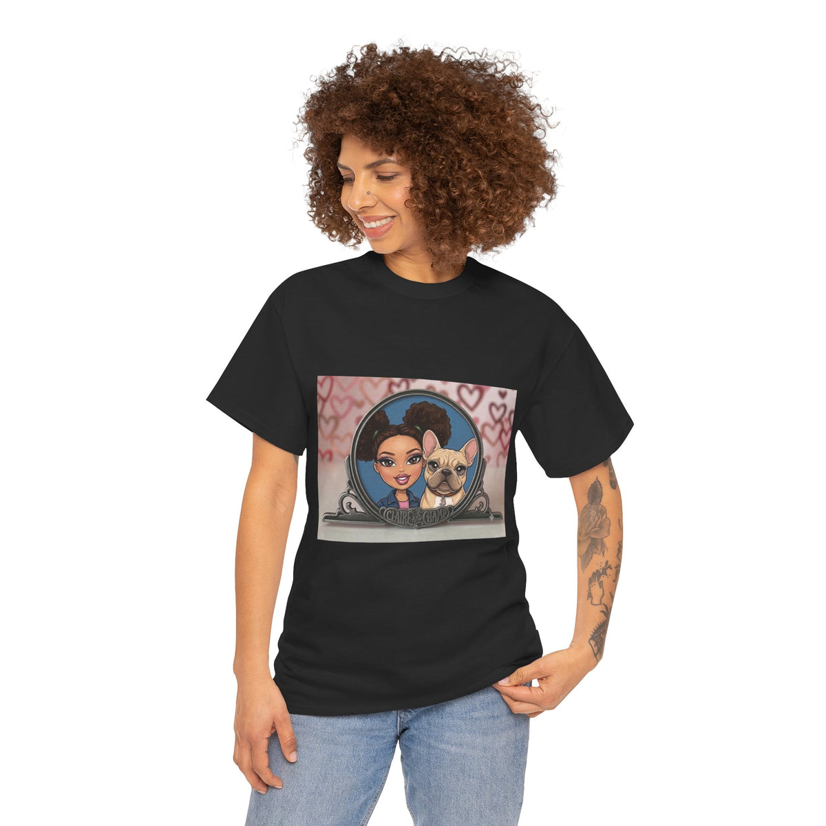 Cute Claire & French Bulldog Portrait T-Shirt — Heart Background Pet Lover Tee