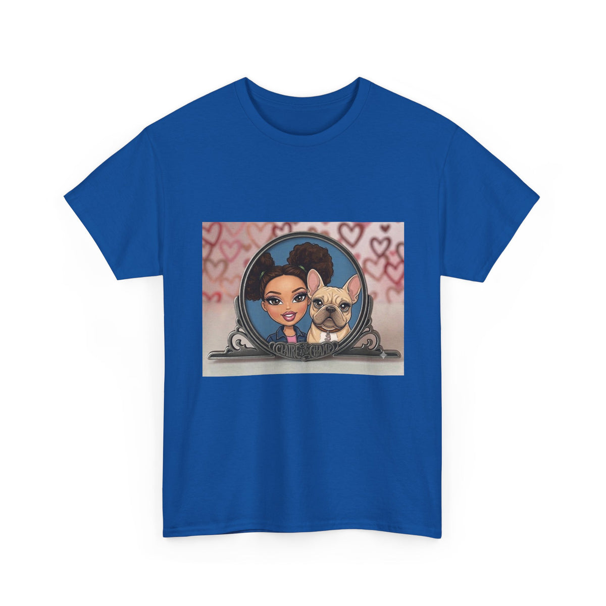 Cute Claire & French Bulldog Portrait T-Shirt — Heart Background Pet Lover Tee