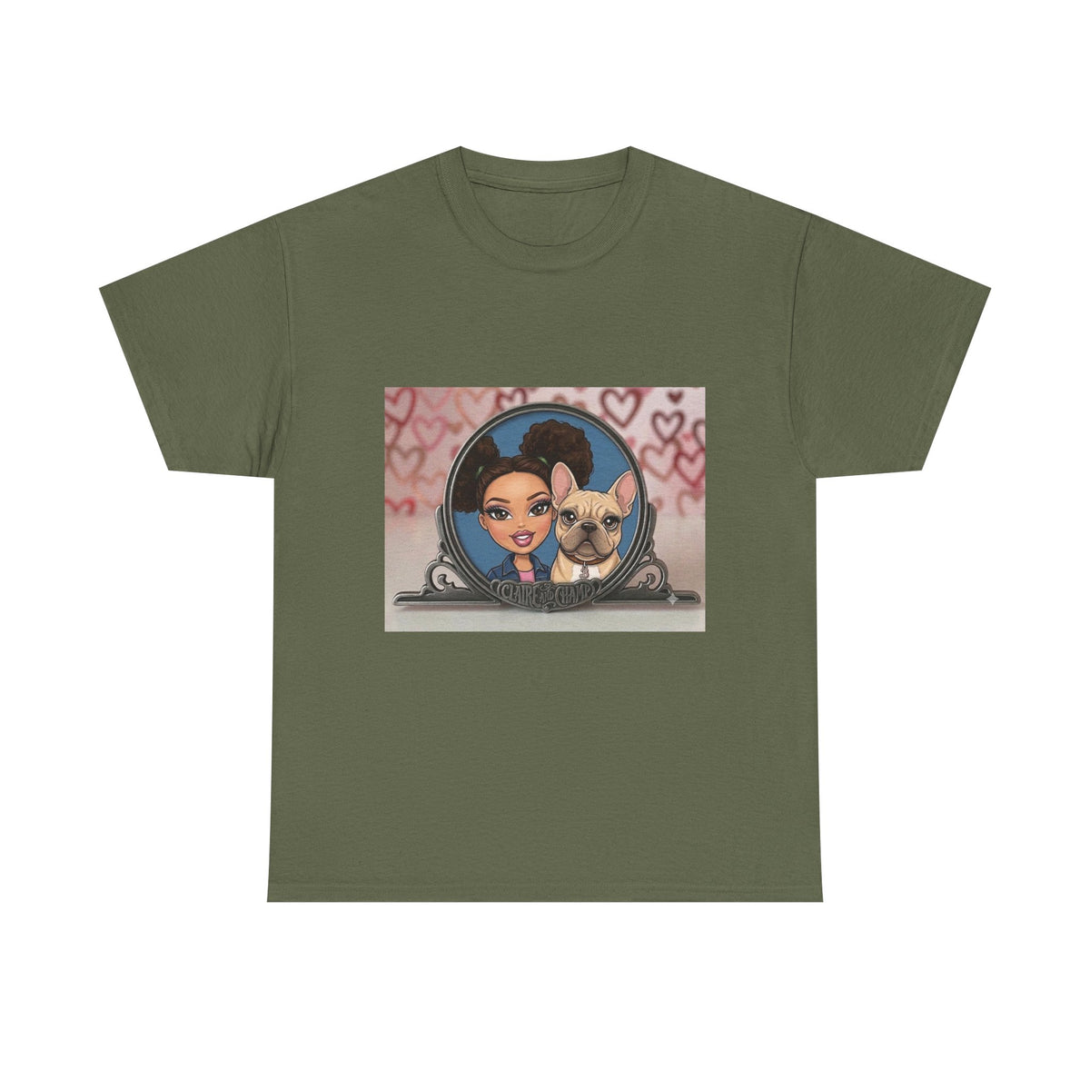 Cute Claire & French Bulldog Portrait T-Shirt — Heart Background Pet Lover Tee