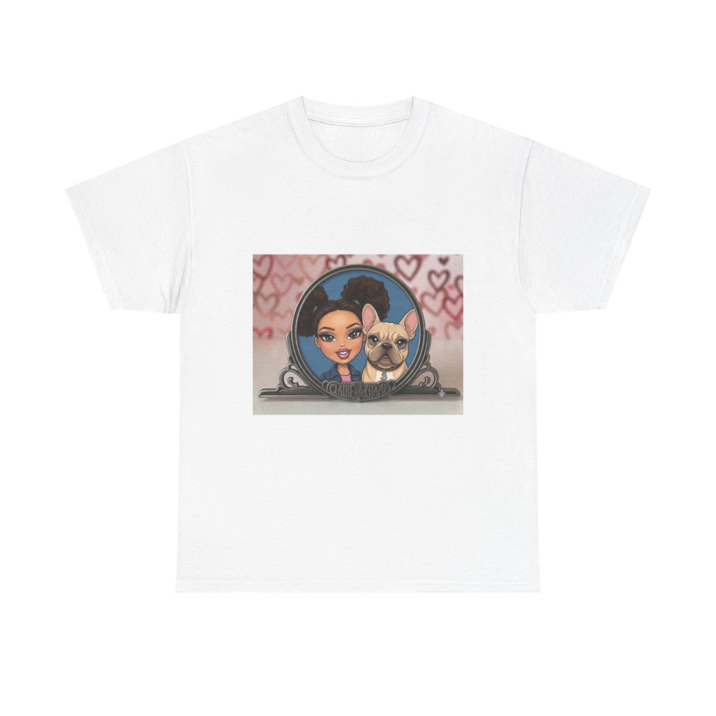 Cute Claire & French Bulldog Portrait T-Shirt — Heart Background Pet Lover Tee