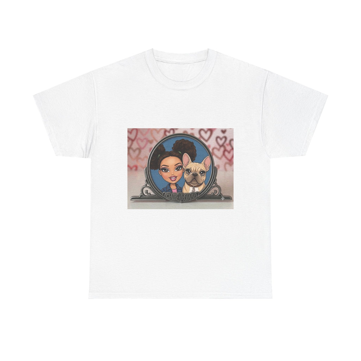 Cute Claire & French Bulldog Portrait T-Shirt — Heart Background Pet Lover Tee