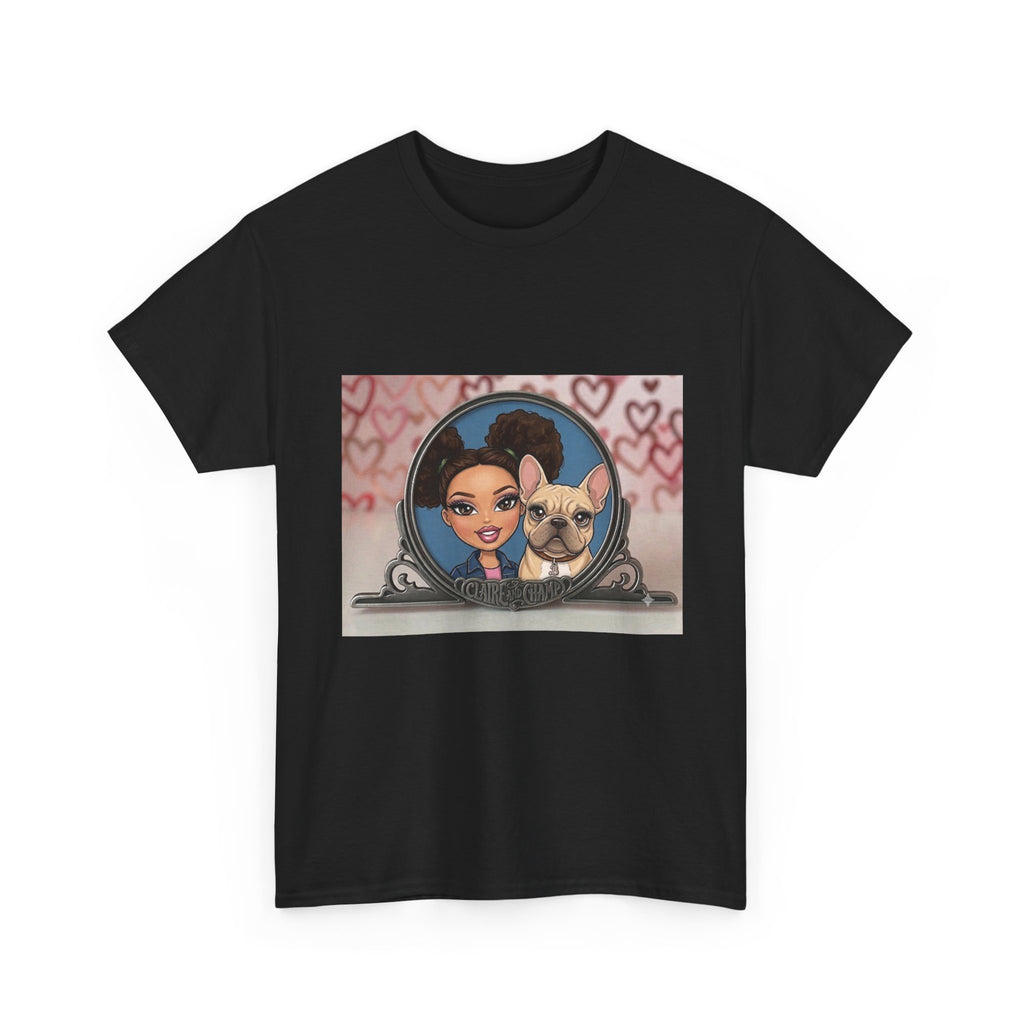 Cute Claire & French Bulldog Portrait T-Shirt — Heart Background Pet Lover Tee