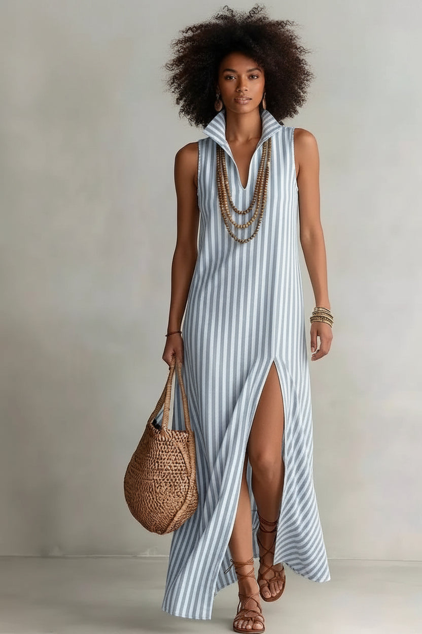Striped Stand Collar Side-Slit Sleeveless Maxi Dress – A-Line Cami