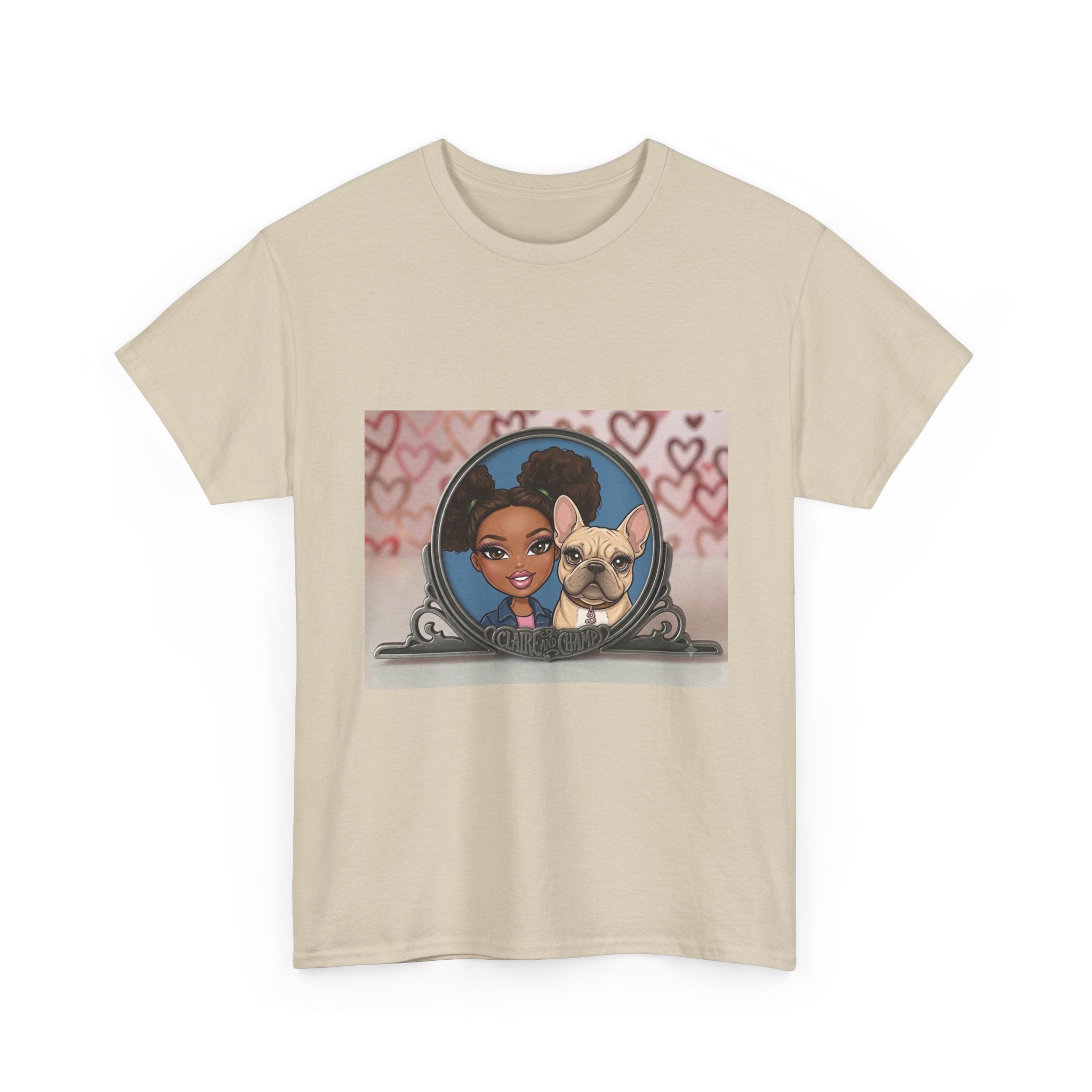 Cute Claire & French Bulldog Portrait T-Shirt — Heart Background Pet Lover Tee