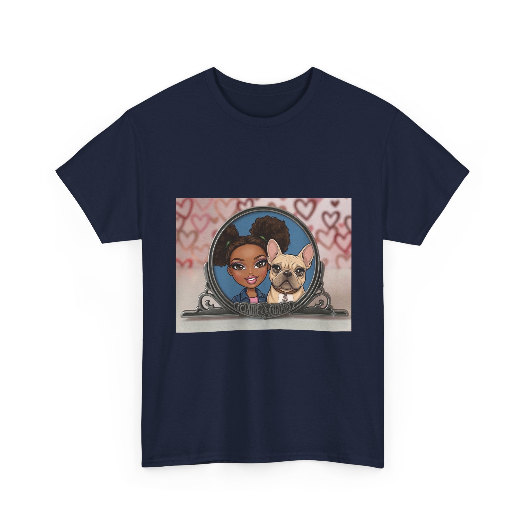Cute Claire & French Bulldog Portrait T-Shirt — Heart Background Pet Lover Tee