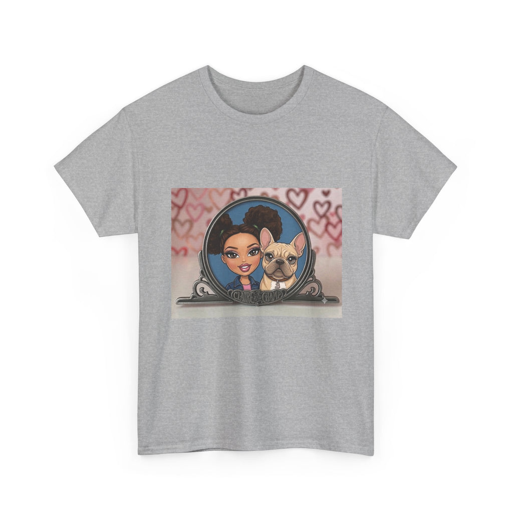 Cute Claire & French Bulldog Portrait T-Shirt — Heart Background Pet Lover Tee
