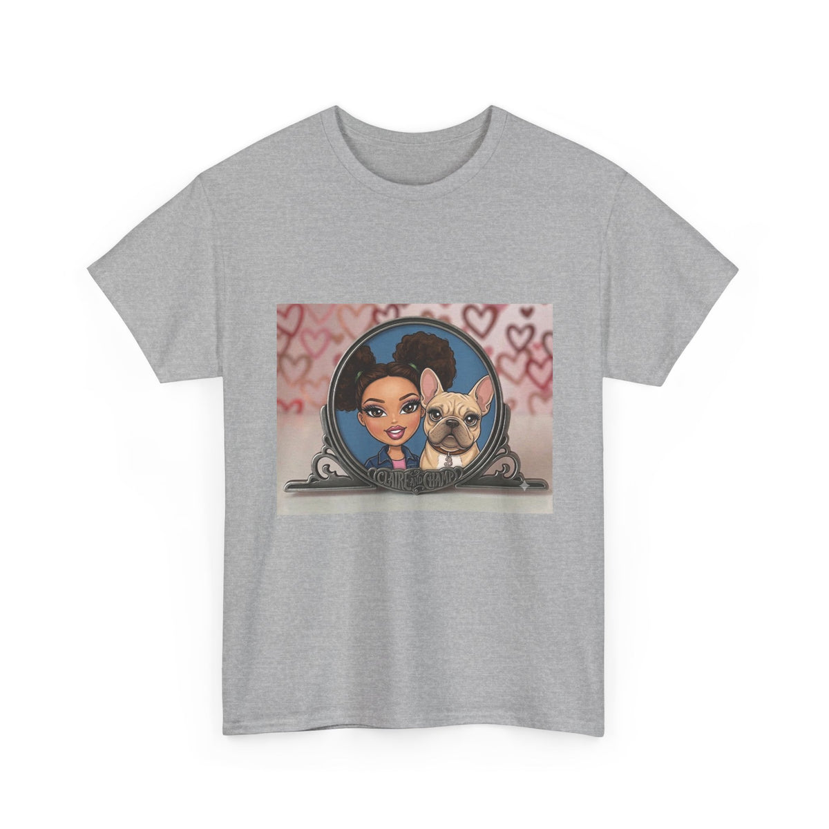 Cute Claire & French Bulldog Portrait T-Shirt — Heart Background Pet Lover Tee