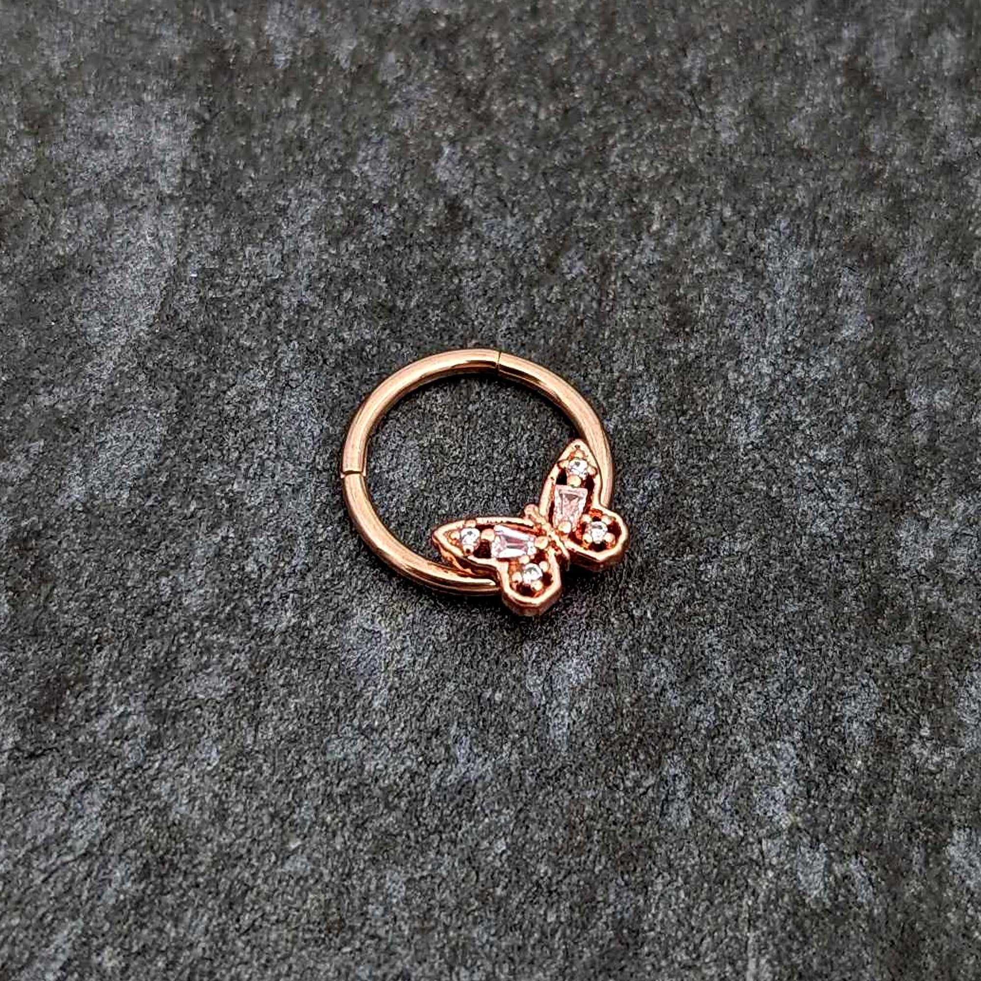 16G 3/8 Clear Gem Rosy Tone Baroque Butterfly Hinged Segment Ring