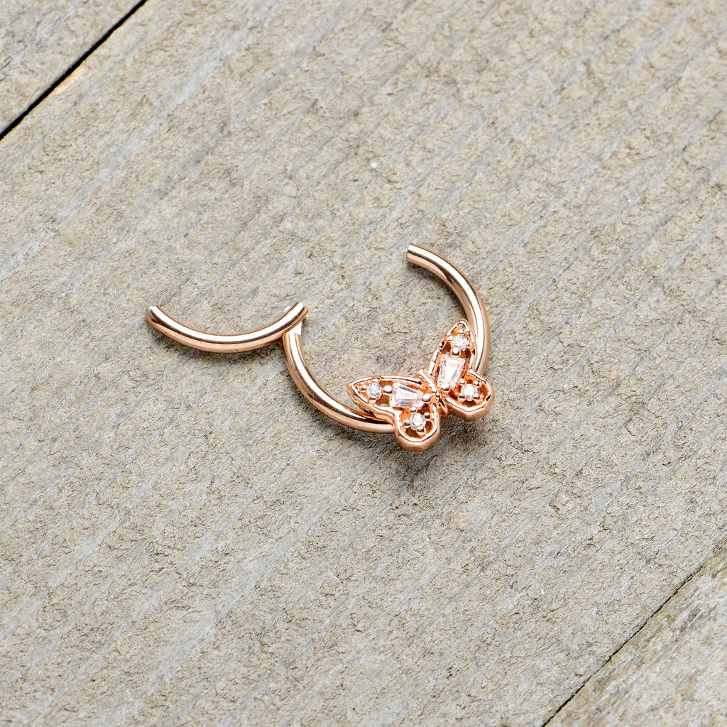 16G 3/8 Clear Gem Rosy Tone Baroque Butterfly Hinged Segment Ring