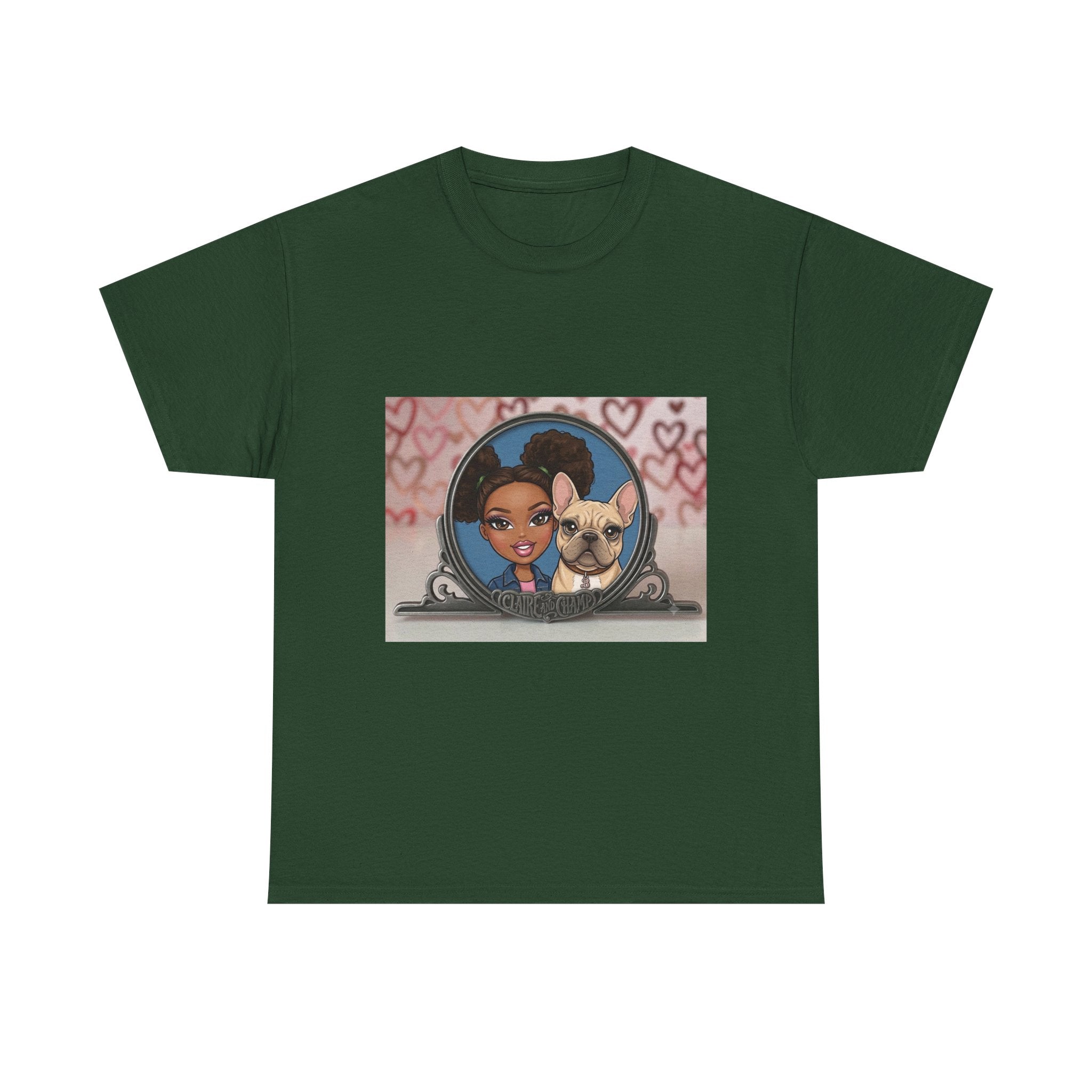Cute Claire & French Bulldog Portrait T-Shirt — Heart Background Pet Lover Tee