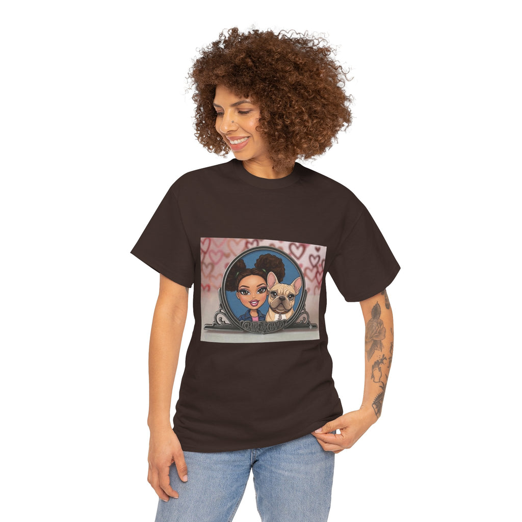 Cute Claire & French Bulldog Portrait T-Shirt — Heart Background Pet Lover Tee