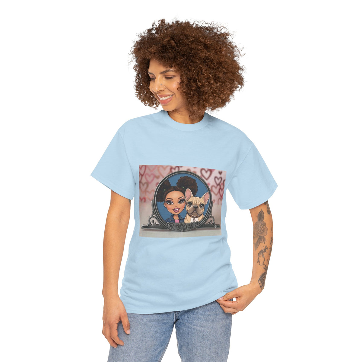 Cute Claire & French Bulldog Portrait T-Shirt — Heart Background Pet Lover Tee