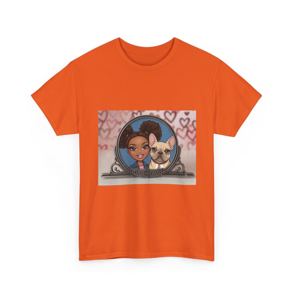 Cute Claire & French Bulldog Portrait T-Shirt — Heart Background Pet Lover Tee