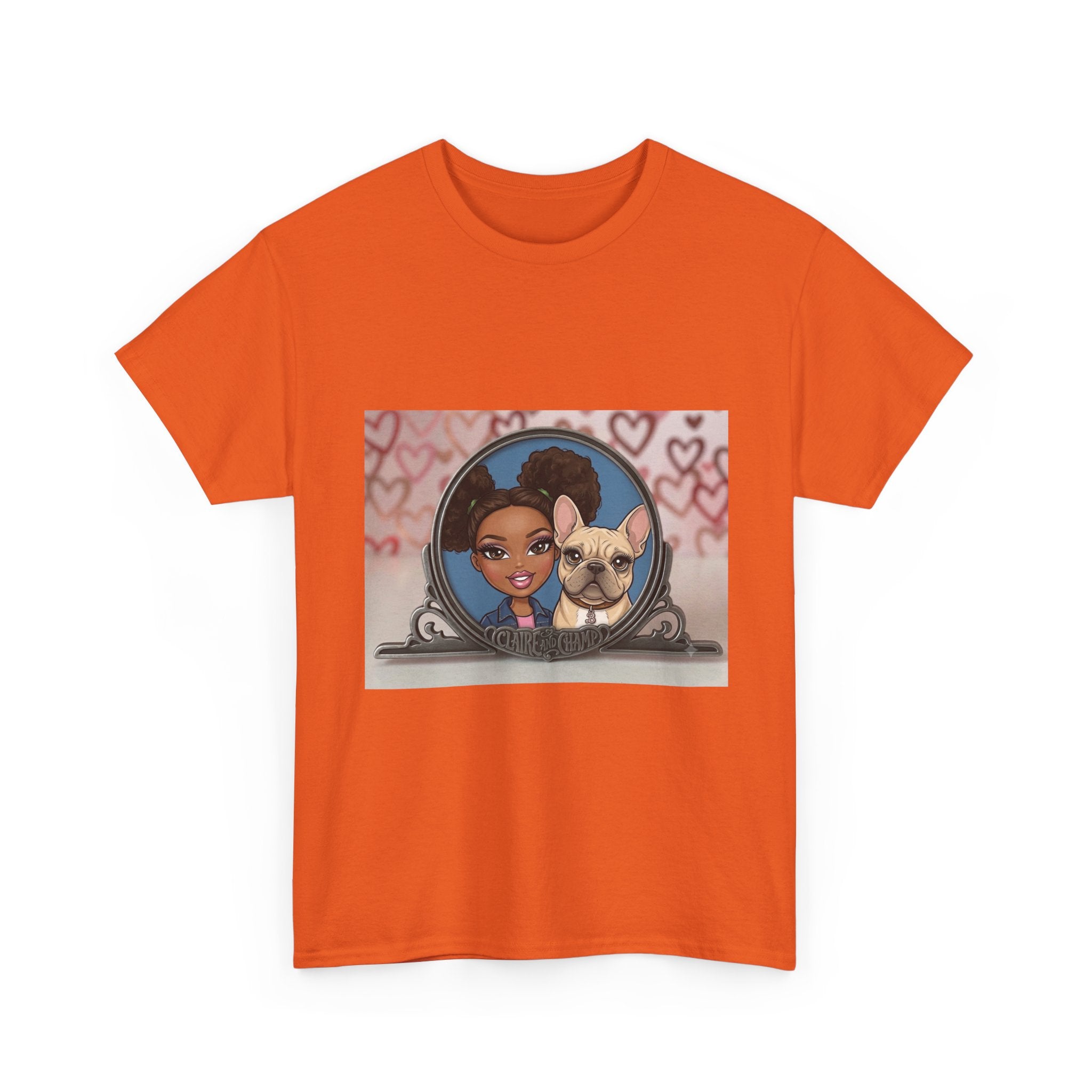 Cute Claire & French Bulldog Portrait T-Shirt — Heart Background Pet Lover Tee