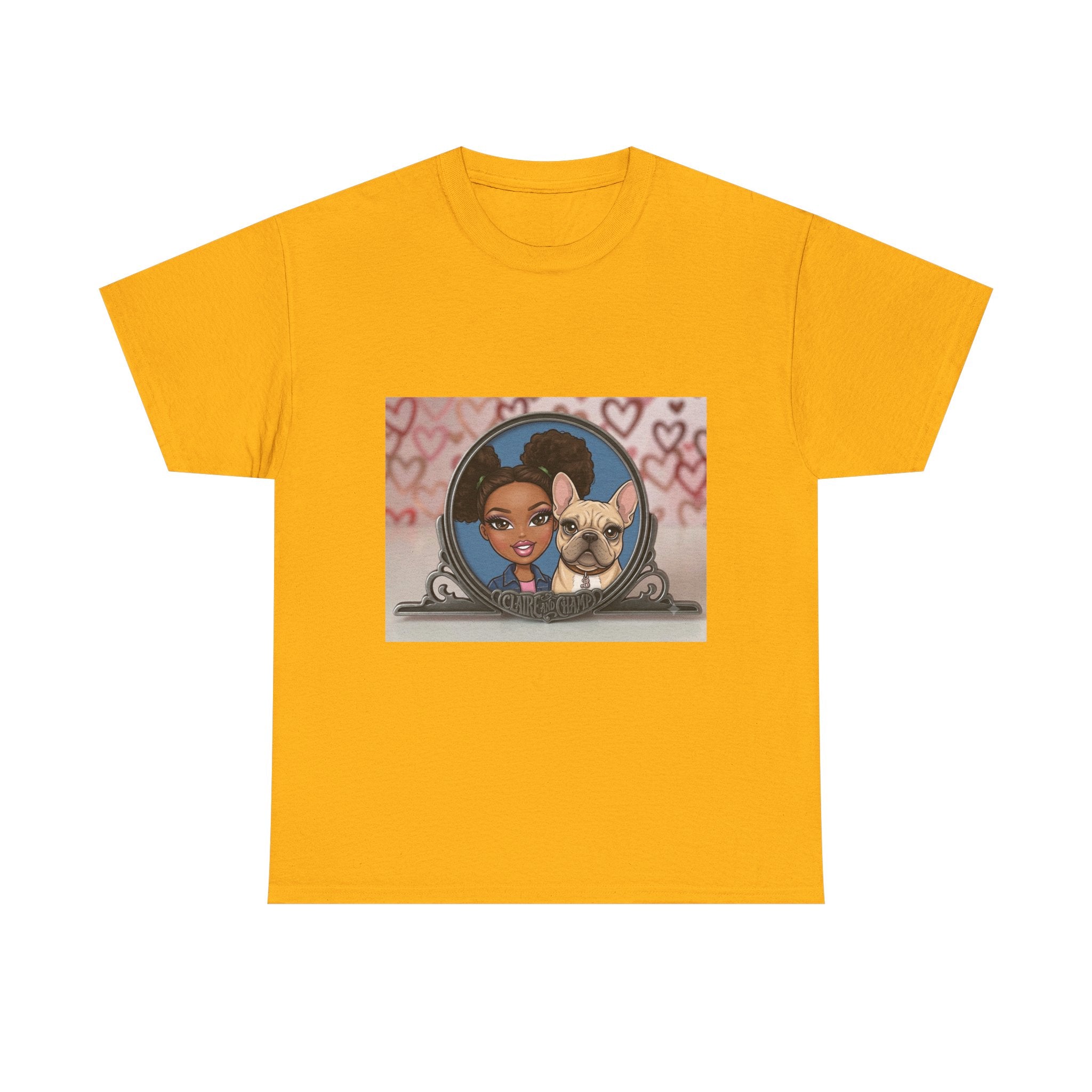 Cute Claire & French Bulldog Portrait T-Shirt — Heart Background Pet Lover Tee
