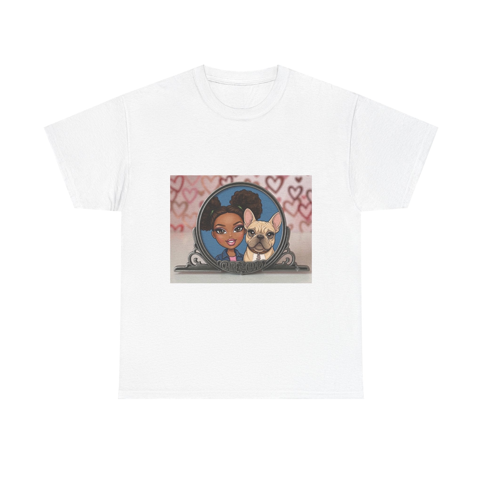 Cute Claire & French Bulldog Portrait T-Shirt — Heart Background Pet Lover Tee