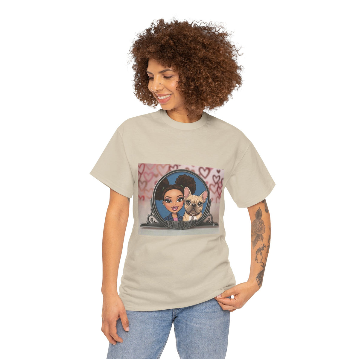 Cute Claire & French Bulldog Portrait T-Shirt — Heart Background Pet Lover Tee