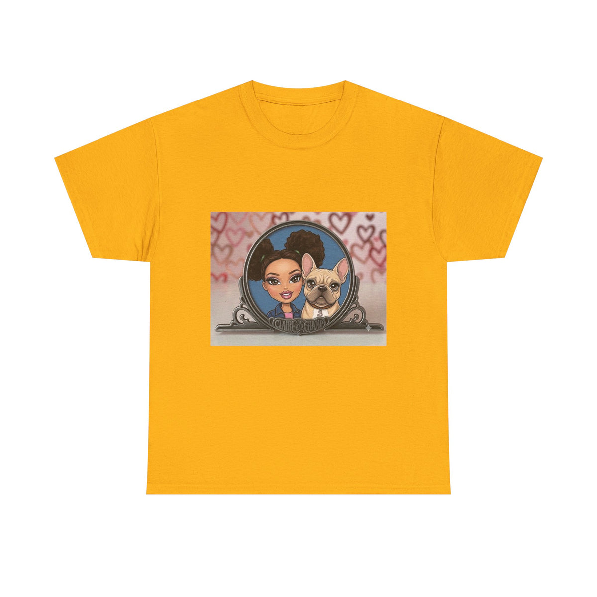 Cute Claire & French Bulldog Portrait T-Shirt — Heart Background Pet Lover Tee