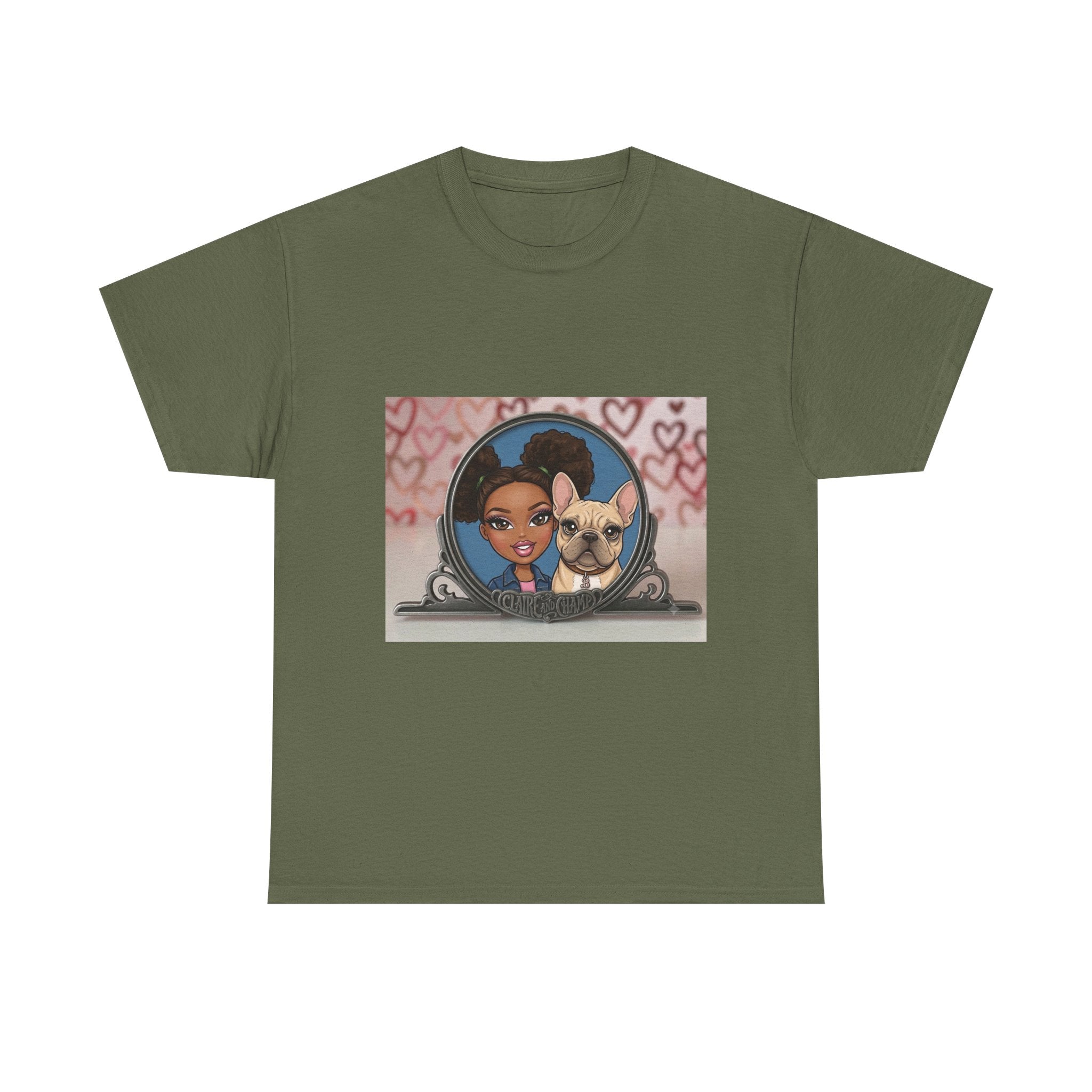 Cute Claire & French Bulldog Portrait T-Shirt — Heart Background Pet Lover Tee
