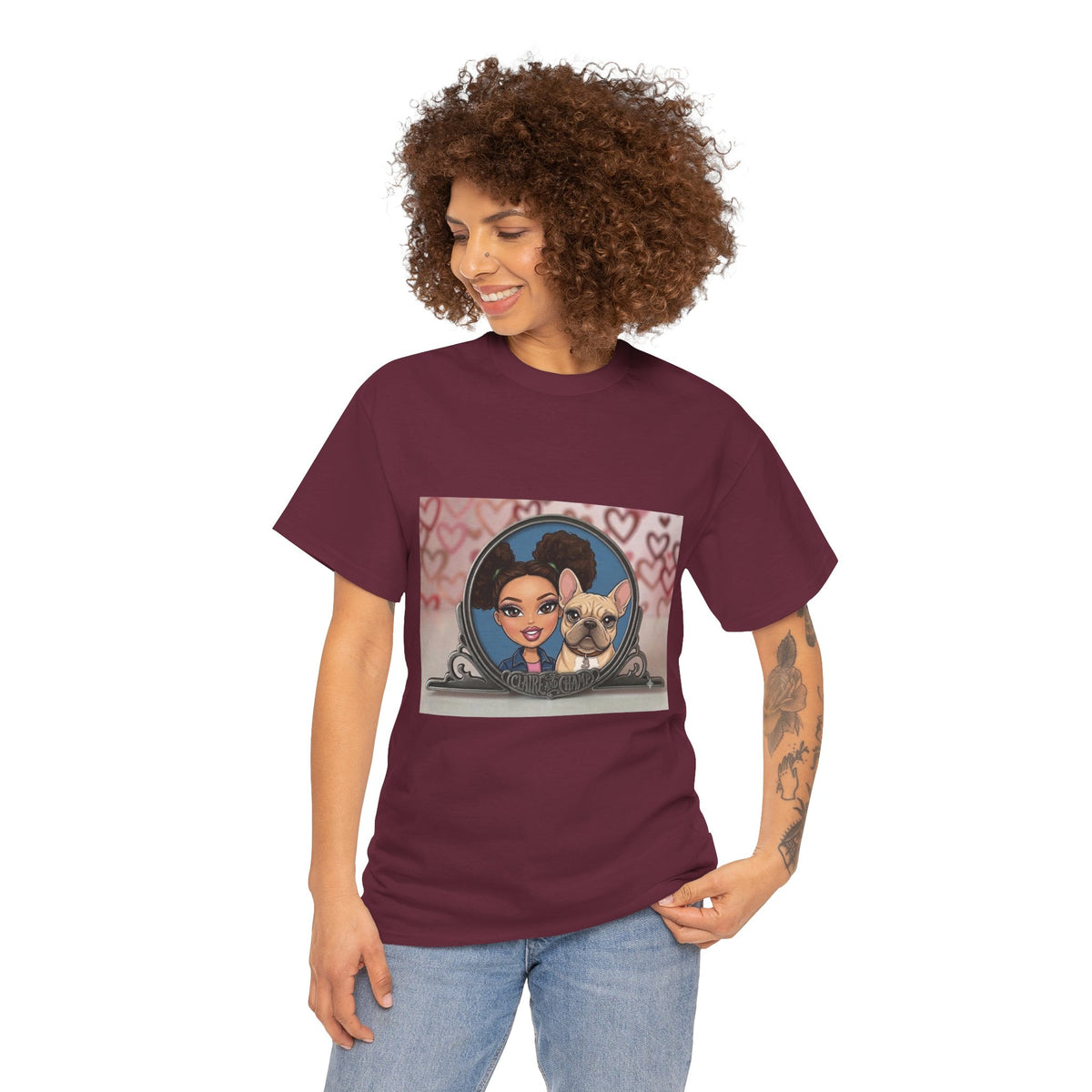 Cute Claire & French Bulldog Portrait T-Shirt — Heart Background Pet Lover Tee