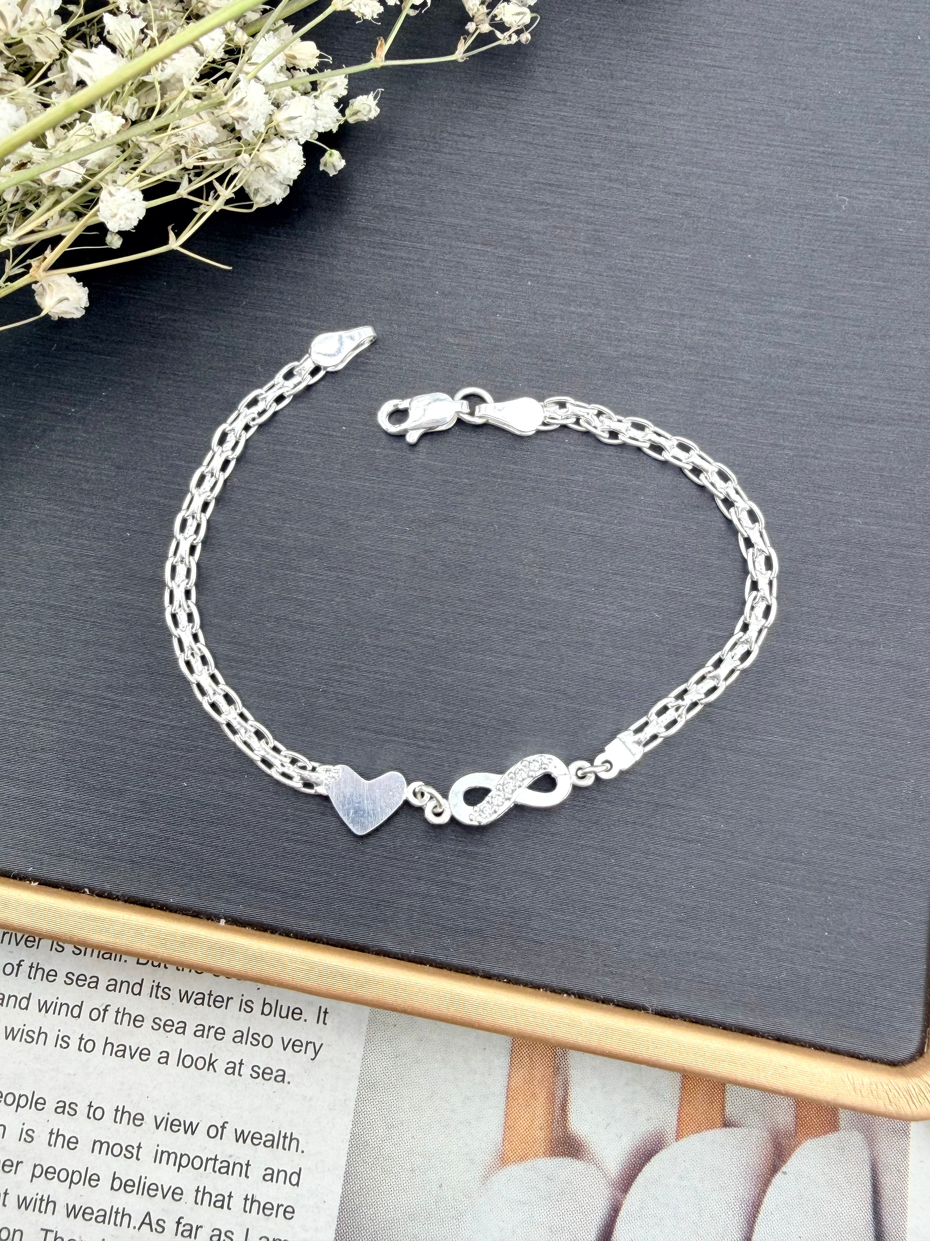 Sterling Silver 925 Infinity Heart Bracelet | Bismarck Chain 7.5” |Pulsera de plata .925