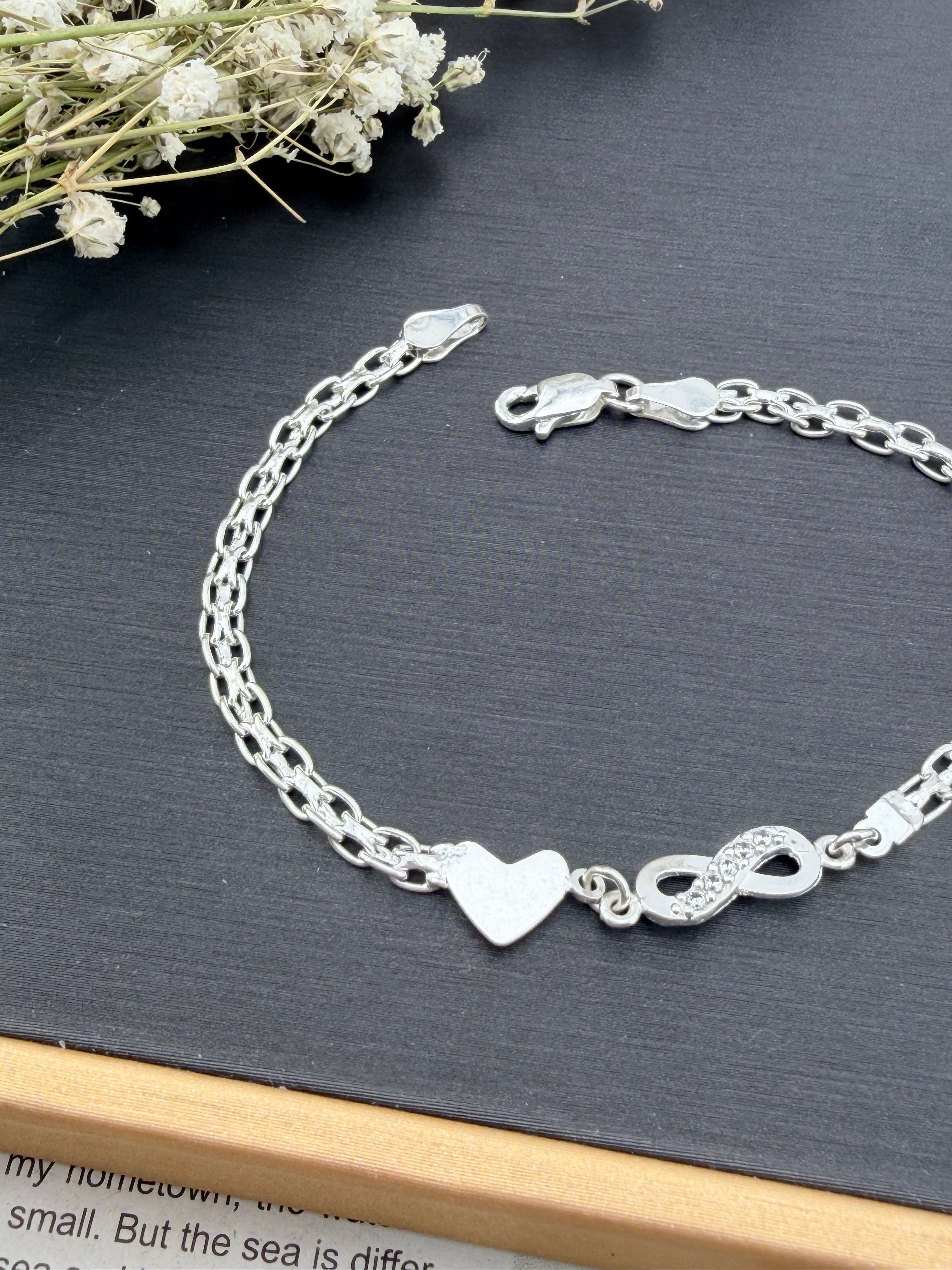 Sterling Silver 925 Infinity Heart Bracelet | Bismarck Chain 7.5” |Pulsera de plata .925