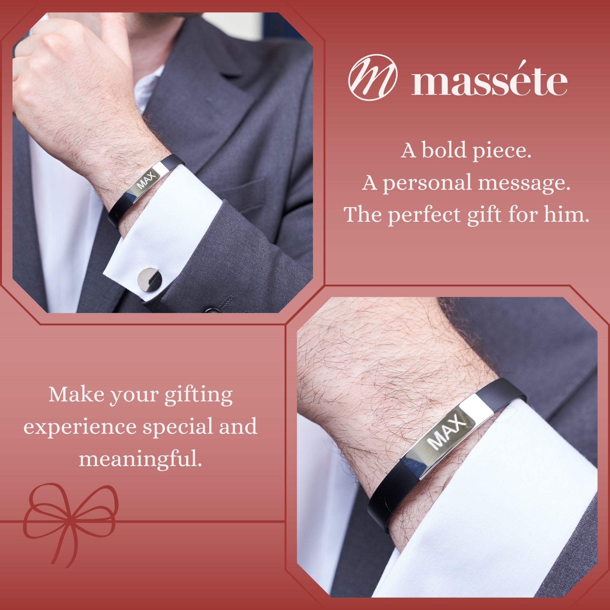 Sterling Silver 925 Men's ID Bracelet - Flat Matte Eco-Friendly Synthetic Leather Band - Engravable