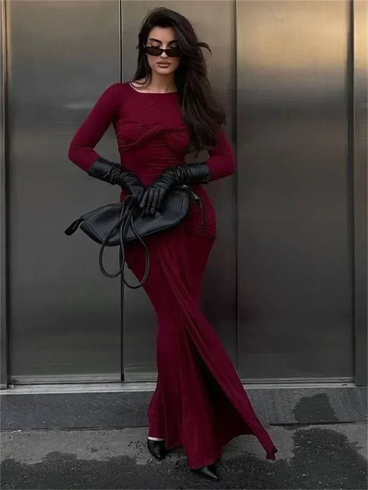Tossy Female Pleated Sexy Maxi Dress Patchwork Twist Slim Long Sleeve Solid Y2k Autumn Streetwear Dress Women's Bodycon Dress