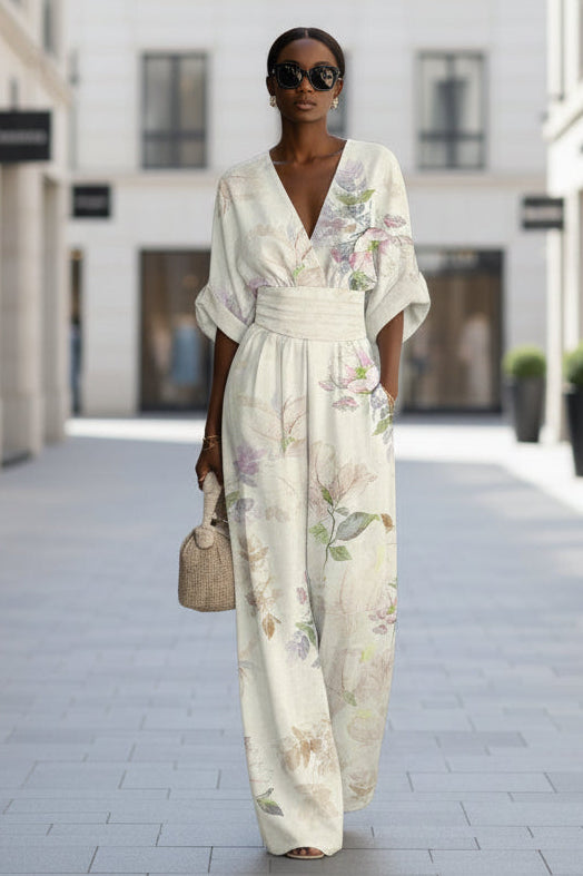 Women's Waist-Cinched V-Neck Printed Wide-Leg Jumpsuit
