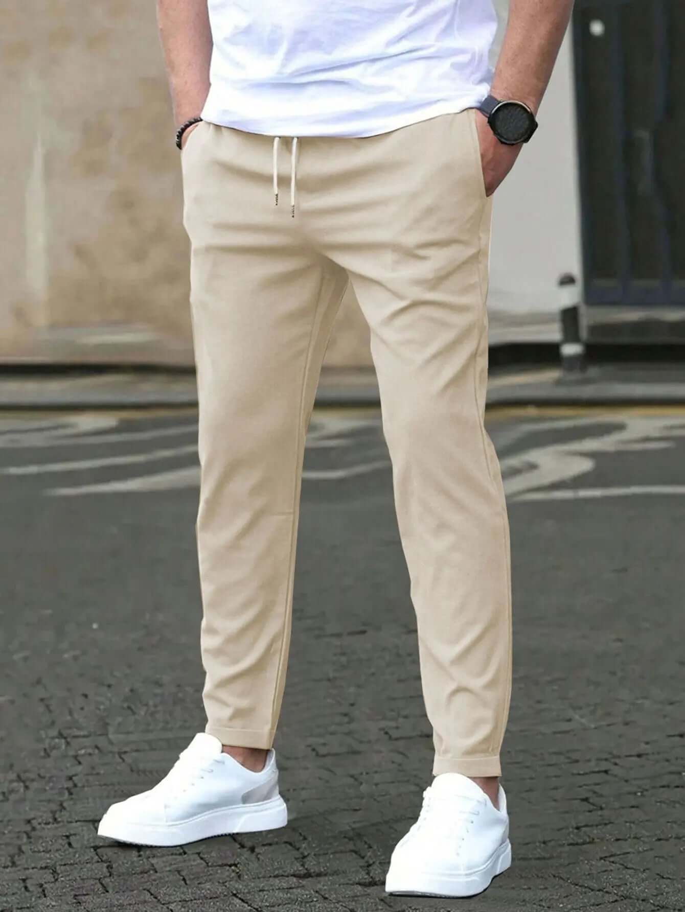 Casual Slim Fit Leather Tag Cropped Pants Solid Color Pants